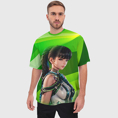 Мужская футболка оверсайз Stellar Blade Eve зеленый абстракт / 3D-принт – фото 3