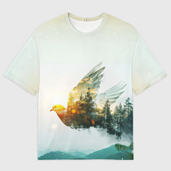 Футболка оверсайз мужская Летящий голубь и лес эффект двойной экспозиции, цвет: 3D-принт