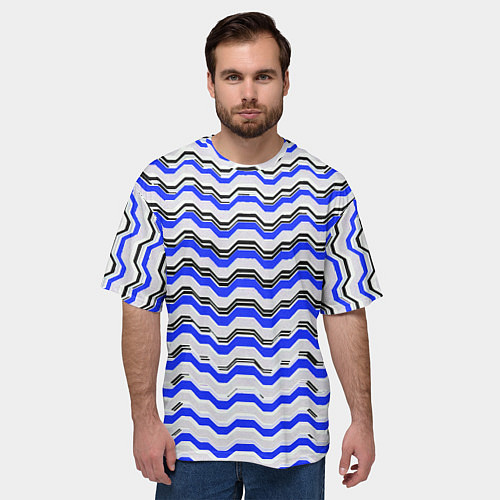 Мужская футболка оверсайз Black and blue stripes on a white background / 3D-принт – фото 3