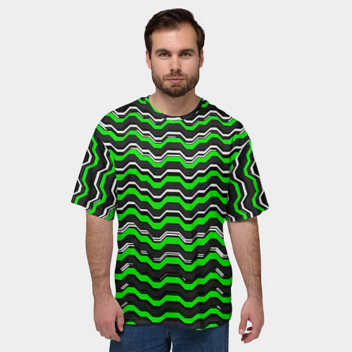 Мужская футболка оверсайз Белые и зелёные полосы на чёрном фоне / 3D-принт – фото 3