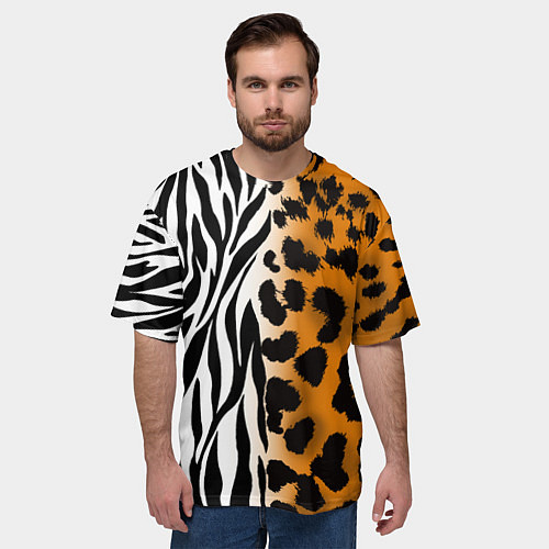 Мужская футболка оверсайз Леопардовые пятна с полосками зебры / 3D-принт – фото 3