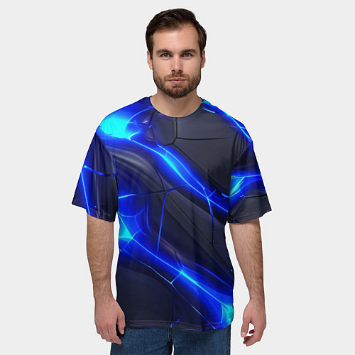 Мужская футболка оверсайз Яркое синее свечение и плиты / 3D-принт – фото 3