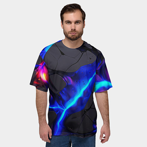 Мужская футболка оверсайз Темный синий неон из разлома плит / 3D-принт – фото 3