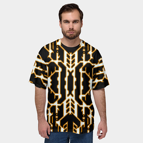 Мужская футболка оверсайз Техно белые линии с жёлтой обводкой на чёрном фоне / 3D-принт – фото 3