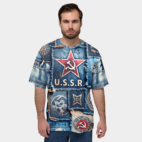 Мужская футболка оверсайз Печворк джинсы СССР / 3D-принт – фото 3