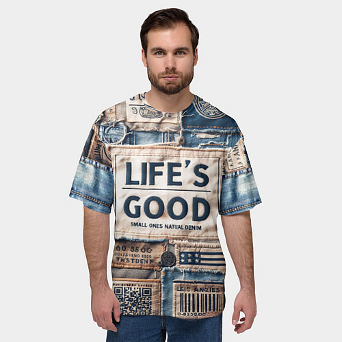 Мужская футболка оверсайз Жизнь хороша-пэчворк / 3D-принт – фото 3