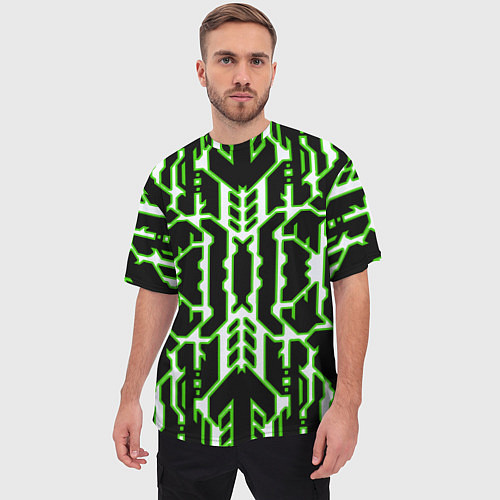 Мужская футболка оверсайз Техно белые линии с зелёной обводкой на чёрном фон / 3D-принт – фото 3