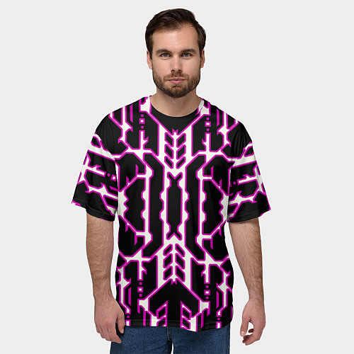 Мужская футболка оверсайз Техно белые линии с розовой обводкой на чёрном фон / 3D-принт – фото 3
