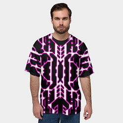 Футболка оверсайз мужская Техно белые линии с розовой обводкой на чёрном фон, цвет: 3D-принт — фото 2