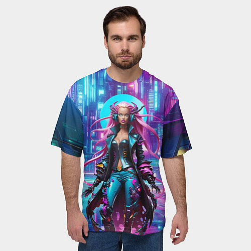 Мужская футболка оверсайз Кибер ведьма в неоновом городе - нейросеть / 3D-принт – фото 3