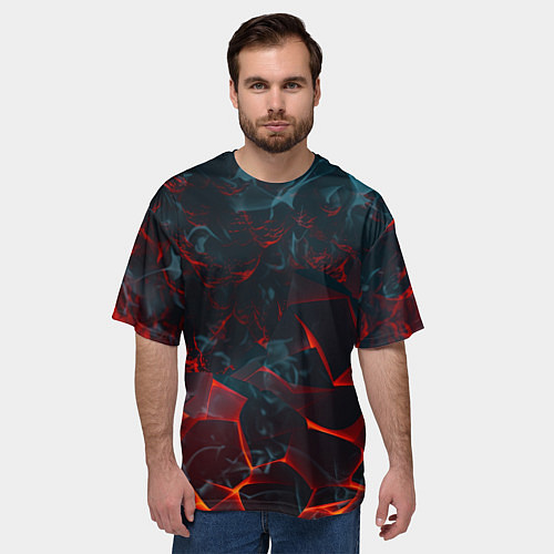 Мужская футболка оверсайз Темная абстракция с разломом красных плит / 3D-принт – фото 3