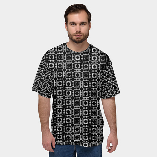 Мужская футболка оверсайз Белый геометрический узор на черном фоне / 3D-принт – фото 3