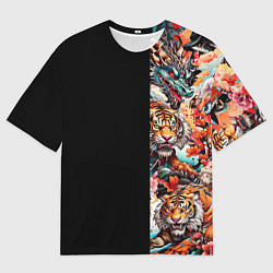 Футболка оверсайз мужская Тату ирезуми дракона тигр лис и самурай, цвет: 3D-принт