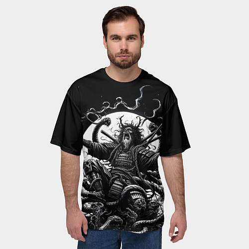 Мужская футболка оверсайз Кричащий самурай и огромный монстр / 3D-принт – фото 3