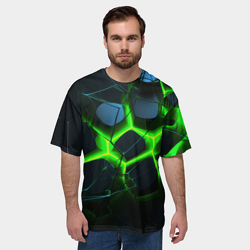 Мужская футболка оверсайз Зеленый неон и разлом плит / 3D-принт – фото 3