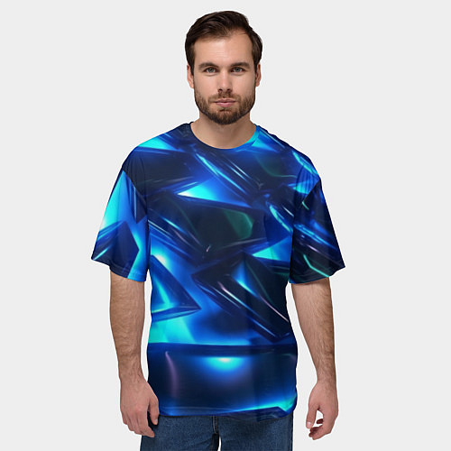 Мужская футболка оверсайз Синие абстрактные неоновые плиты / 3D-принт – фото 3