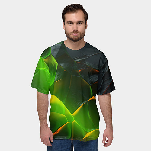 Мужская футболка оверсайз Зеленая абстрактная неоновая текстура / 3D-принт – фото 3