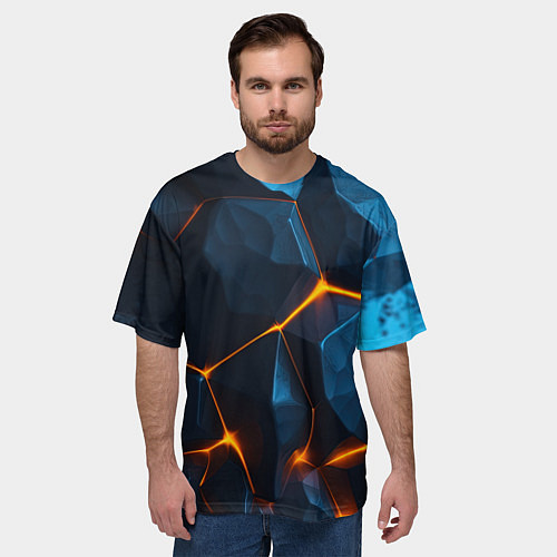 Мужская футболка оверсайз Разлом плит с оранжевым свечением / 3D-принт – фото 3