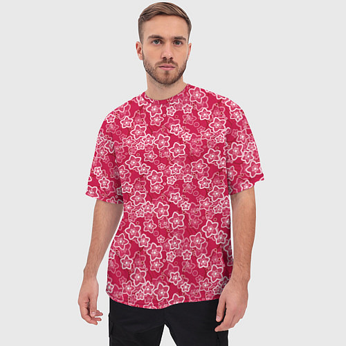 Мужская футболка оверсайз Красно-белый цветочный узор ретро / 3D-принт – фото 3