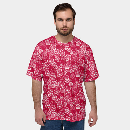 Мужская футболка оверсайз Красно-белый цветочный узор ретро / 3D-принт – фото 3