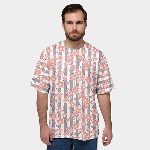 Мужская футболка оверсайз Коралловые цветы на полосатом фоне / 3D-принт – фото 3