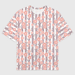 Мужская футболка оверсайз Коралловые цветы на полосатом фоне