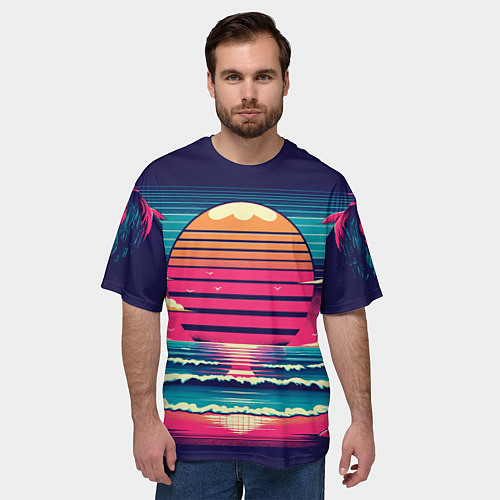 Мужская футболка оверсайз Закат на пляже vaporwave / 3D-принт – фото 3