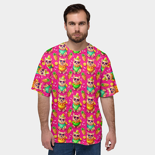 Мужская футболка оверсайз Щенята и летний вайб паттерн / 3D-принт – фото 3