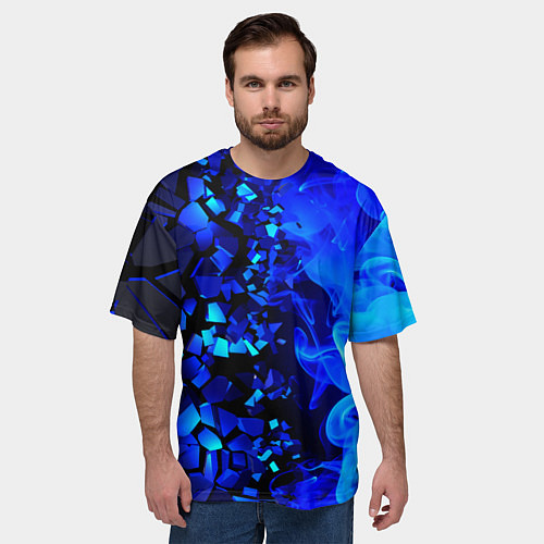 Мужская футболка оверсайз Осколки плиток и синий огонь / 3D-принт – фото 3