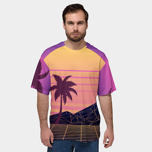 Мужская футболка оверсайз Vaporwave геометрические горы и силуэты пальм / 3D-принт – фото 3
