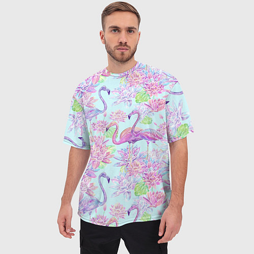 Мужская футболка оверсайз Фламинго и кувшинки батик / 3D-принт – фото 3