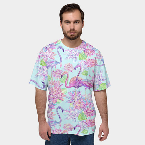 Мужская футболка оверсайз Фламинго и кувшинки батик / 3D-принт – фото 3