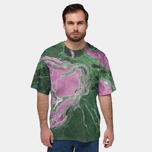 Мужская футболка оверсайз Мрамор темно-зеленый с розовым / 3D-принт – фото 3