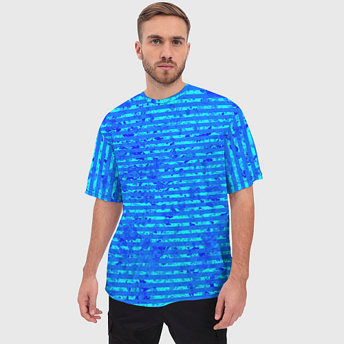 Мужская футболка оверсайз Яркий голубой абстрактный полосатый / 3D-принт – фото 3
