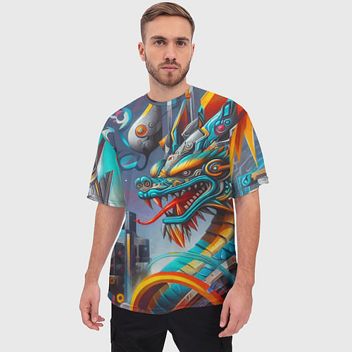 Мужская футболка оверсайз Фантастическая композиция с драконом - нейросеть / 3D-принт – фото 3
