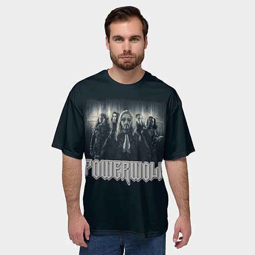 Мужская футболка оверсайз Powerwolf band grey / 3D-принт – фото 3