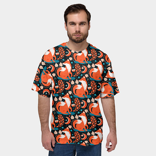 Мужская футболка оверсайз Разноцветный орнамент лисы паттерном / 3D-принт – фото 3