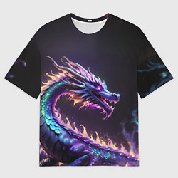 Мужская футболка оверсайз Неоновый сиреневый дракон на черном фоне