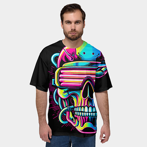 Мужская футболка оверсайз Cyber skull - ai art neon / 3D-принт – фото 3