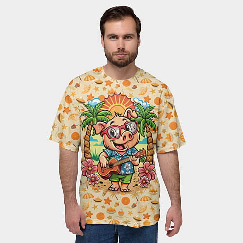 Мужская футболка оверсайз Свинка с гитарой жаркое лето / 3D-принт – фото 3