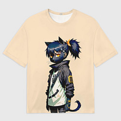 Футболка оверсайз мужская Прикольная чёрная кошечка - нейросеть, цвет: 3D-принт