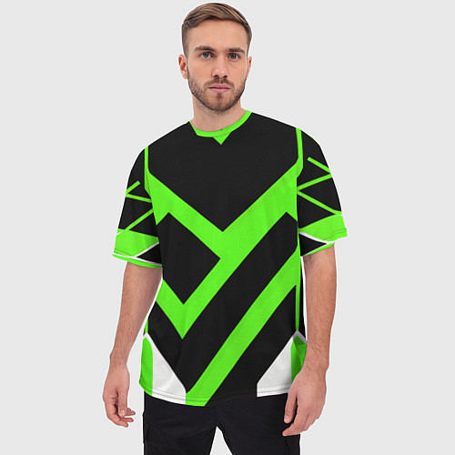 Мужская футболка оверсайз Зелёно-белые полосы и чёрный фон / 3D-принт – фото 3