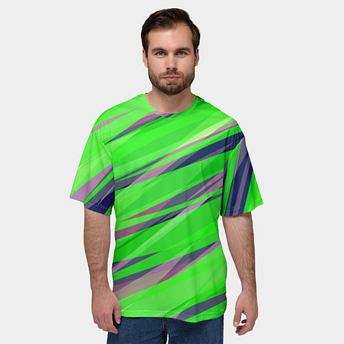 Мужская футболка оверсайз Зелёный и фиолетовый абстрактные полосы / 3D-принт – фото 3