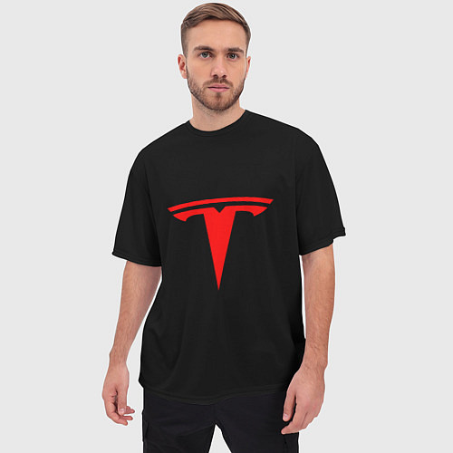 Мужская футболка оверсайз Tesla red logo / 3D-принт – фото 3