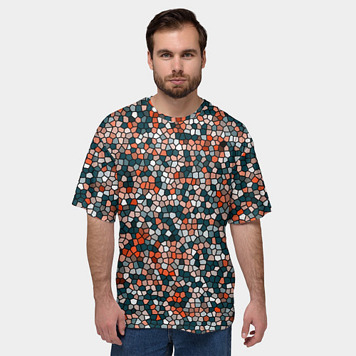 Мужская футболка оверсайз Красно-бирюзовый паттерн мелкая мозаика / 3D-принт – фото 3