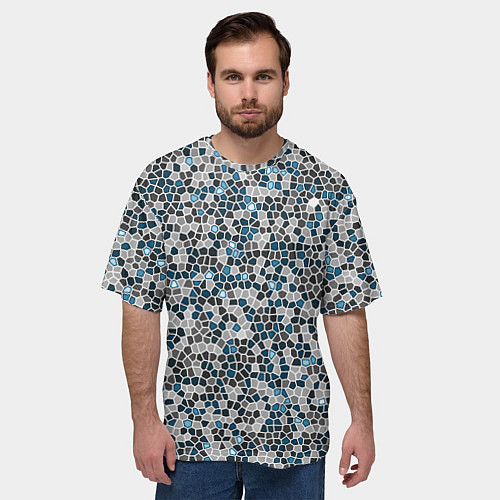 Мужская футболка оверсайз Паттерн мозаика серый с голубым / 3D-принт – фото 3