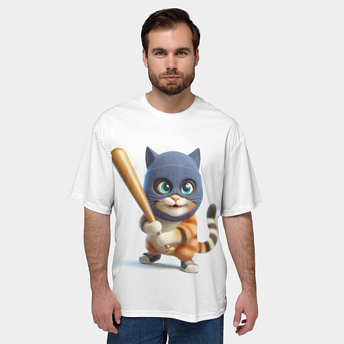 Мужская футболка оверсайз Прикольный котёнок с бейсбольной битой и в балакла / 3D-принт – фото 3