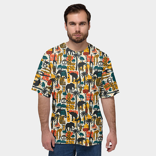 Мужская футболка оверсайз Африка паттерн пальмы животные / 3D-принт – фото 3