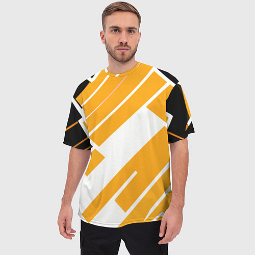 Мужская футболка оверсайз Жёлтые широкие линии на белом фоне / 3D-принт – фото 3