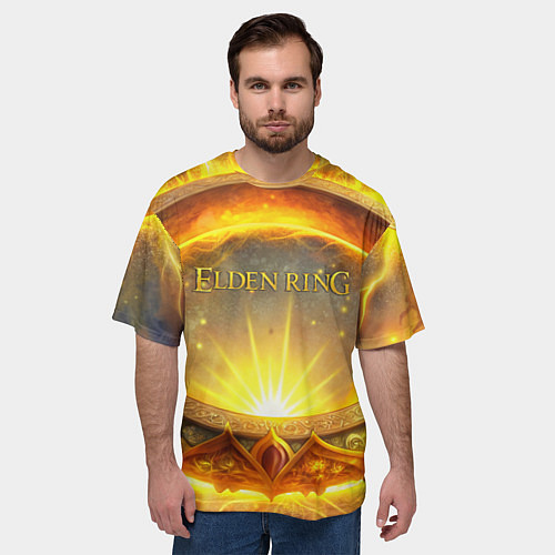 Мужская футболка оверсайз Elden Ring лого и волшебное золотое кольцо / 3D-принт – фото 3